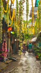 Songkrans communal spirit a street adorned with vibrant jasmine garlands