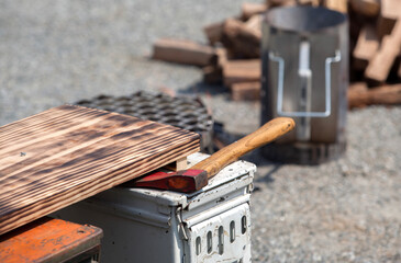 View of the cutting board with the axe