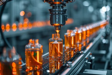 Precision machinery filling bottles with liquid on an automated production line, demonstrating modern industrial efficiency - obrazy, fototapety, plakaty