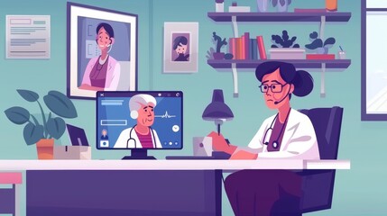 Elderly woman with telemedicine support. Illustration of an elderly woman with a female doctor via video chat