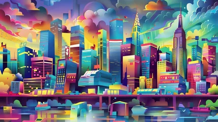 Fotobehang Colorful and vibrant illustration of a bustling urban landscape © KerXing