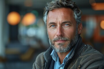 Obraz premium A close-up of a distinguished looking mature man with striking gray hair and a light stubble, radiating confidence