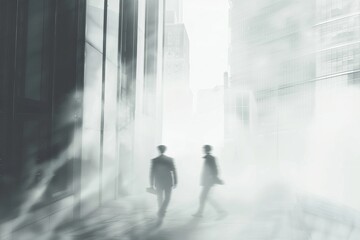 Fototapeta premium Disoriented businessmen navigate a dense fog in a grayscale cityscape, symbolizing the uncertainty of the financial world.