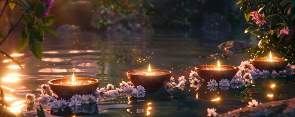 Songkrans tranquil dawn water bowls and jasmine garlands set out