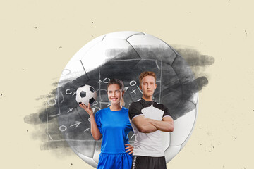 Woman and man soccer player stands in front of the chalk board with tactical scheme in soccer game. Flat design soccer sport concept. - obrazy, fototapety, plakaty