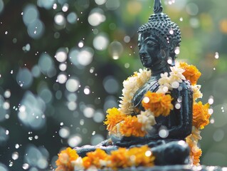 Sparkling droplets on Buddha with the soft blur of jasmine garlands