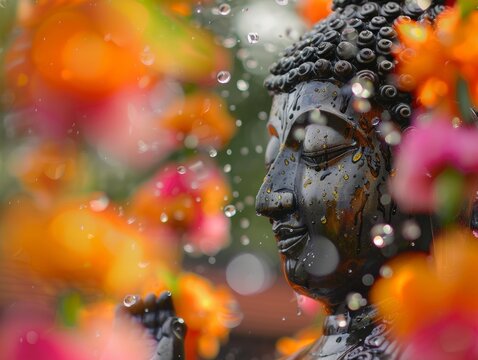 Sparkling droplets on Buddha with the soft blur of jasmine garlands