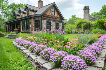 Obraz premium A charming house adorned with vibrant flowerbeds and lush greenery, showcasing beautiful residential architecture