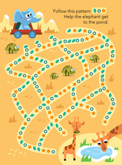 Maze game, activity for children. Follow this pattern. Vector illustration. Сute elephant in car. African animals. Cartoon characters.