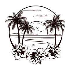 Tropical beach with beautiful sunset view and palm trees, sketch style drawing, black and white vector illustration in floral frame, isolated on white background.