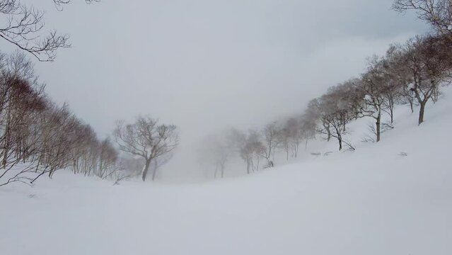 Niseko, Japan: Point of view of a snowboarder riding the slope in the famous Niseko ski resort in Hokkaido on a foggy day in northern Japan