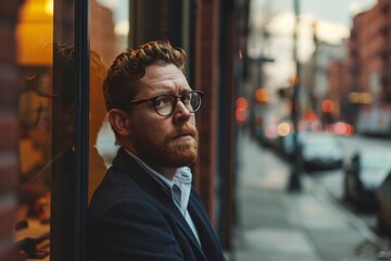 Portrait of a handsome young man with a red beard and glasses in the city