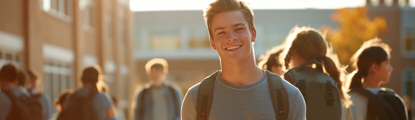 A handsome guy with a backpack smiles standing in front of the school building surrounded by other students