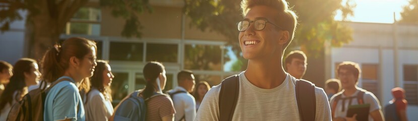 A handsome guy with a backpack smiles standing in front of the school building surrounded by other students - obrazy, fototapety, plakaty