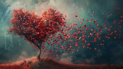 Digital artwork of a tree with heart-shaped leaves, each leaf representing a moment of shared affection over time - obrazy, fototapety, plakaty