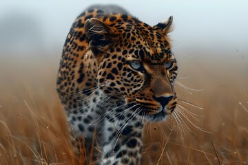 Fototapeta premium Savanna Stalker: A Leopard's Silent Pursuit. Concept Wildlife Photography, African Predator, Camouflage Techniques, Nature Documentary, Hunting Behavior