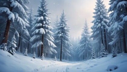 Fototapeta premium Snow-covered pine trees stand tall in a tranquil forest, with a subtle trail leading into the quiet beauty of a wintry landscape.. AI Generation