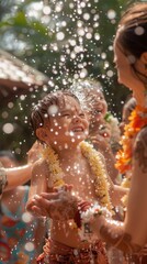 The essence of Songkran captured in a family sharing water and jasmine garlands