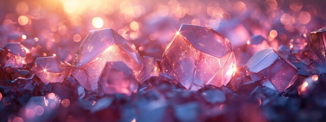 Background with pink crystals and brilliant shimmers from the sun's rays - obrazy, fototapety, plakaty