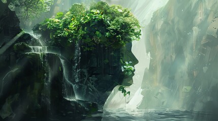 Digital painting of a person's head as a verdant oasis, representing a serene and peaceful state of mind - obrazy, fototapety, plakaty