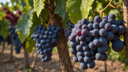 Sprawling vineyards, grapevines heavy with clusters of ripe, juicy grapes, ready for the wine press Generative AI