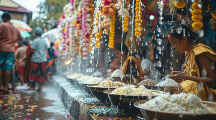 The festive air of Songkran streets alive with the preparation of water bowls and jasmine garlands - obrazy, fototapety, plakaty