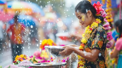 The festive air of Songkran streets alive with the preparation of water bowls and jasmine garlands - obrazy, fototapety, plakaty