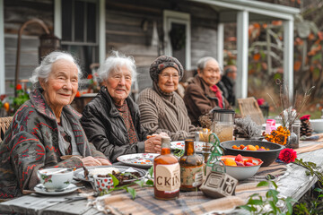Four senior ladies share a moment of camaraderie over a meal in a homey backyard setting, representing friendship and togetherness