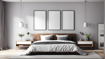 a bed with an empty frame on the wall. bedroom mockup