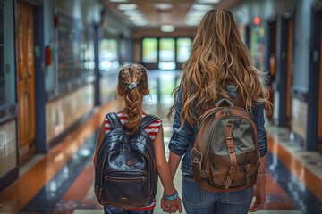 Two girls holding hands walking down a school corridor, backpacks on, showcasing the bond and education journey - obrazy, fototapety, plakaty