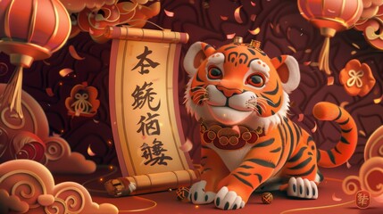 This page contains a greeting card for the Chinese New Year of 2022, showing a tiger showing a scroll with the words wishing you auspicious luck in the Year of Tiger.