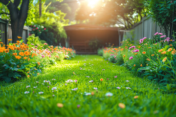 A sun-drenched garden pathway lined with bright, colorful flowers and a welcoming gazebo in the background - obrazy, fototapety, plakaty