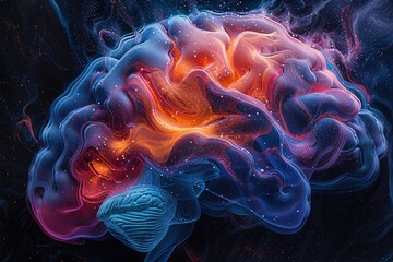 Psychedelic visualization of neural networks in the brain. Vivid colors represent distinct networks, merging and blending as they connect during healing.