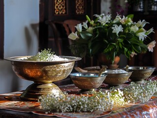 The quiet anticipation of Songkran morning a table set with water bowls and fresh jasmine garlands - obrazy, fototapety, plakaty