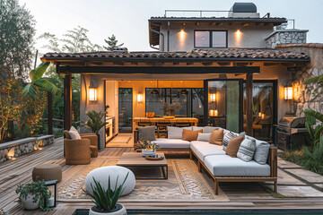 Elegant and cozy outdoor patio space of an upscale home with modern furniture and warm inviting lighting Sophisticated living concept