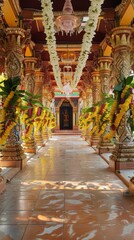 The serene beauty of a temple during Songkran adorned with jasmine garlands