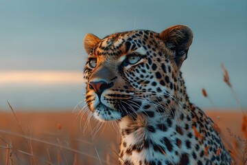 Fototapeta premium Savanna Sovereign: Leopard in the Golden Hour. Concept Wildlife Photography, Golden Hour Lighting, Animal Portraits, Savanna Habitat, Leopard Behavior