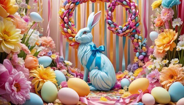 A whimsical Easter display featuring a blue bunny sculpture amidst a lush arrangement of spring flowers and colorful eggs.. AI Generation