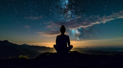 Silhouette of woman practicing yoga on the top of the mountain at night