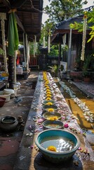 Fototapeta premium The tranquility of a Songkran morning jasmine garlands and water bowls await