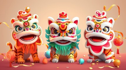 An element of the Chinese New Year lion dance. Lion puppets are held by cute tigers who are performing joyfully on occasions for temple fairs and spring festival parades.