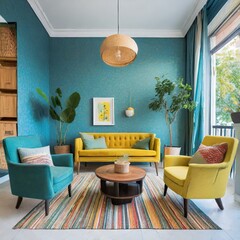 Wnętrze nowoczesnego salonu w odcieniach żółci i niebieskiego