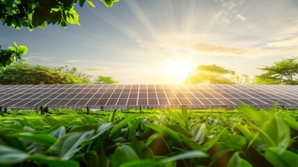 Solar energy panels amidst lush green foliage under a sunny sky, highlighting eco-friendly power generation in nature. - obrazy, fototapety, plakaty