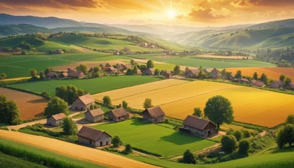 Gordijnen A serene sunrise casts a golden glow over a tranquil rural landscape with scattered farmhouses amidst rolling agricultural fields, invoking a sense of peacefulness and rustic charm.. AI Generation © Anastasiia