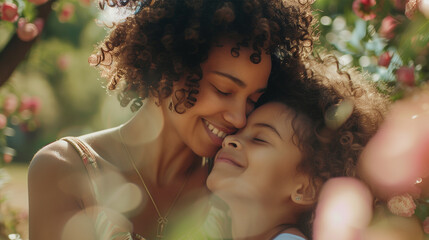 Black Mother and Daughter Enjoying Family Time on Summer Meadow. Woman and Girl Sharing Hugs and Emotional Warmth at Sunny, Mother's Day.
