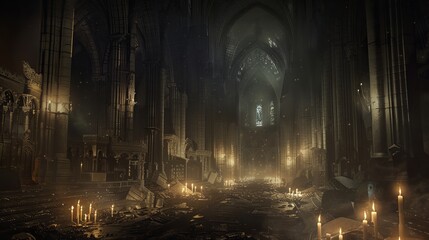 Exquisite engraving of a Gothic-style cathedral illuminated by candlelight