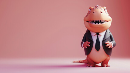 Cute 3D Render Dino Toy, Adorable Pink Dinosaur in Businessman Suit Isolated on Pink Background, Kids Education and Fun.