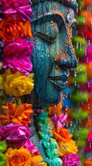 Vibrant Thai garlands and water droplets on Buddha