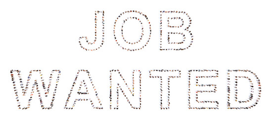Conceptual large community of people forming JOB WANTED message.  3d illustration metaphor for work, human resources, employment, recruitment, career, opportunity, team, management and professional