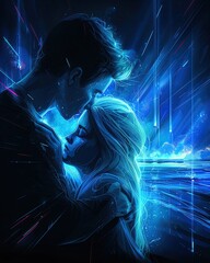 Incorporate unexpected camera angles into a digital rendering of a romance story, using photorealistic techniques to depict love in a unique perspective Play with lighting and composition to evoke str - obrazy, fototapety, plakaty